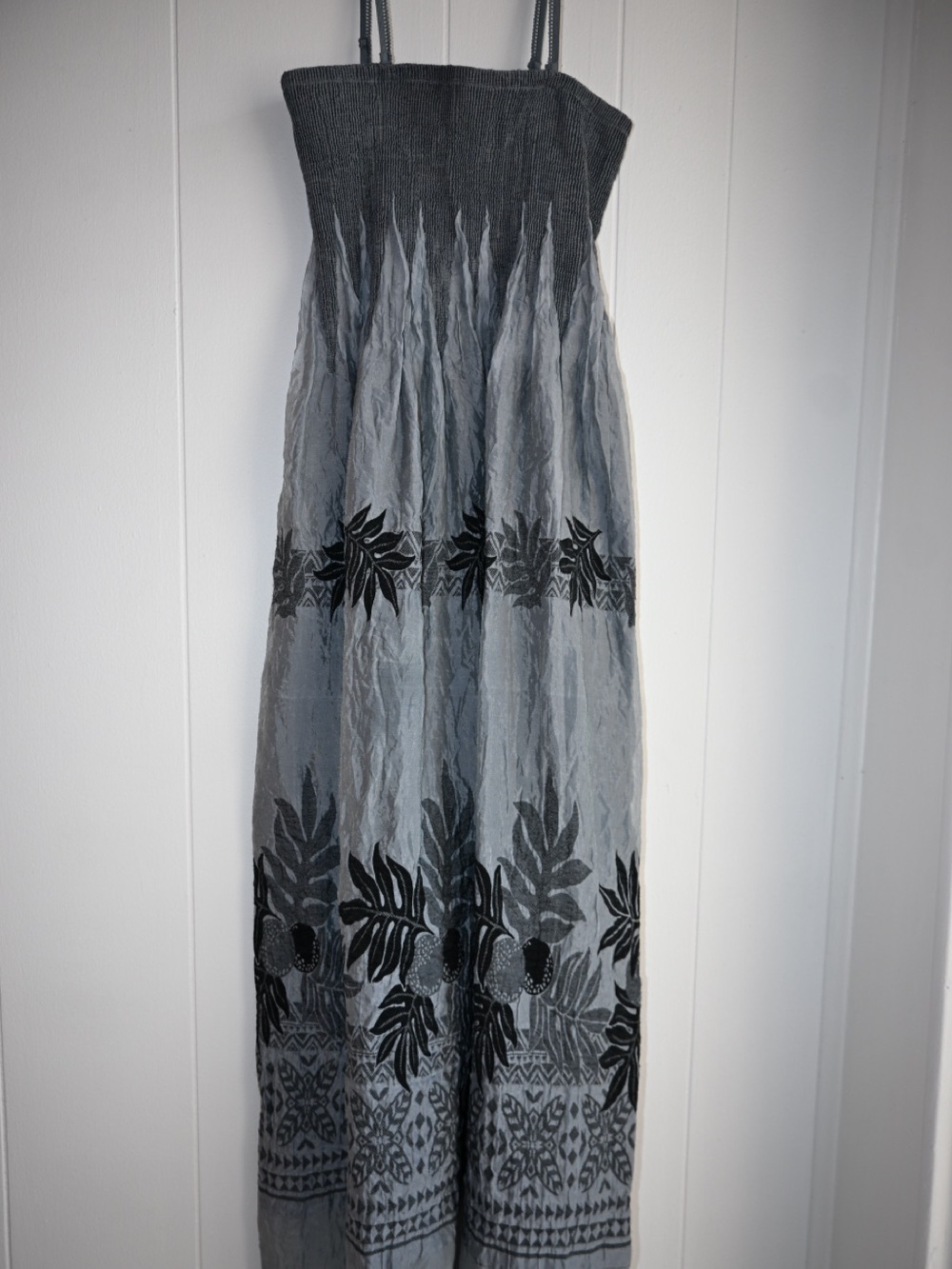 Lapis Gray Strapless Maxi Dress with Black Floral Embroidery